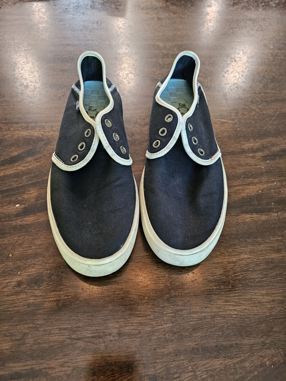 Womens Vans Black Canvas Slip-On Flats with Beige Trim